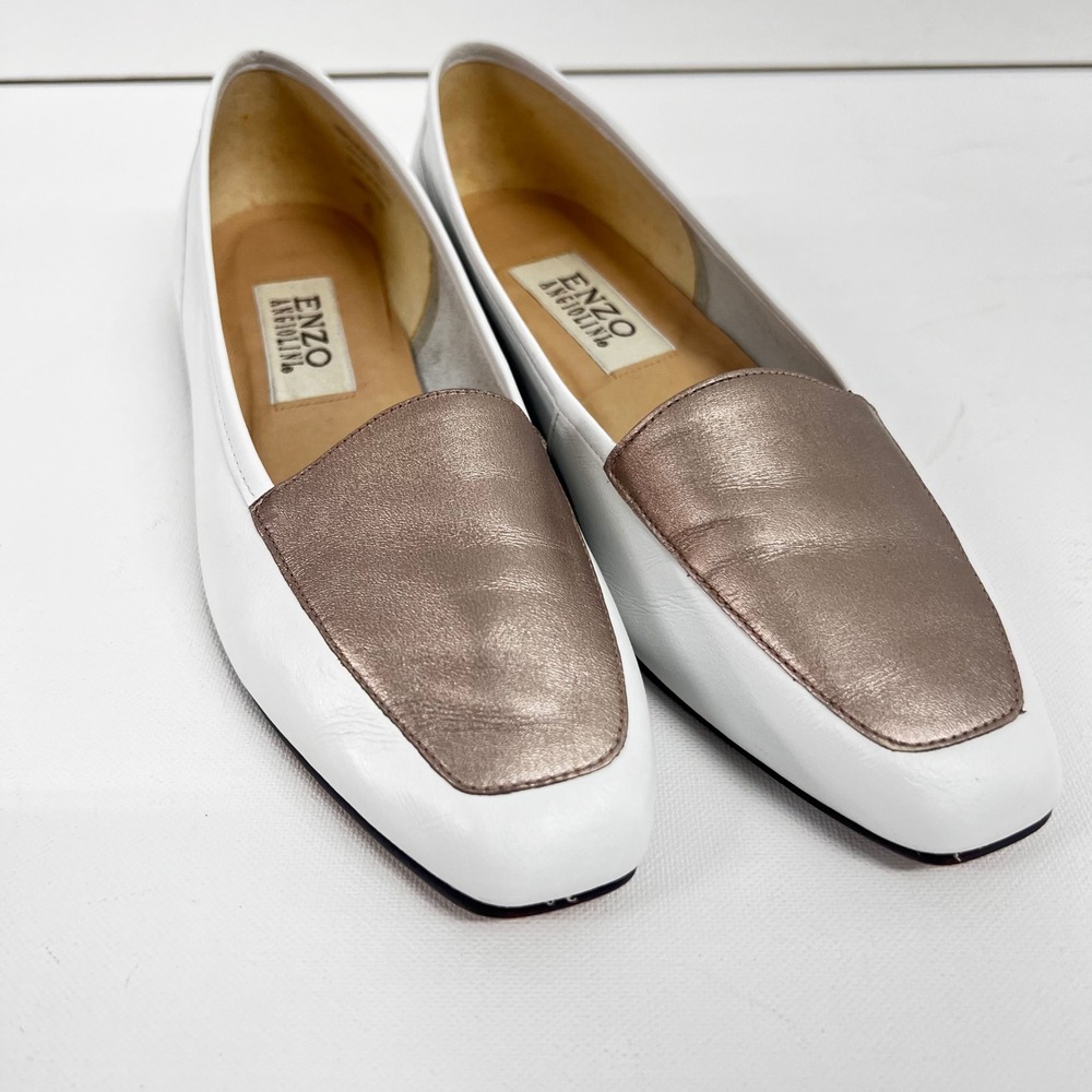 Enzo Angiolini Womens White Metallic Leather Square Toe Loafers Flats 8.5N